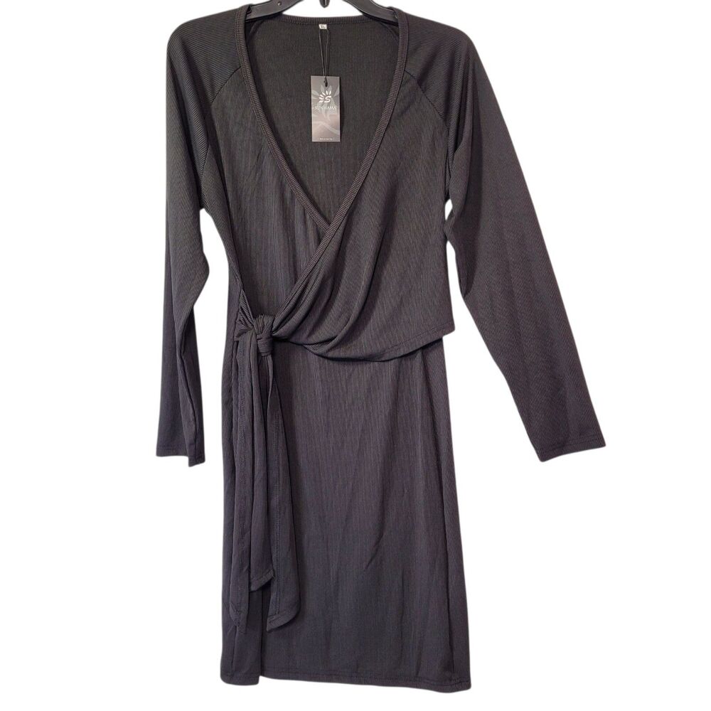 Sunmama Women Casual Dress V Neck Long Sleeve Pencil Midi Dress Black X-Large